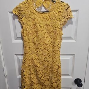 Lulu's Bright Yellow Floral Crochet Midi Dress